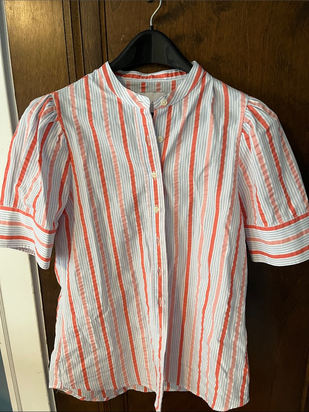 The Shirt by Rochelle Behrens Coral and White Striped Button-Down Shirt